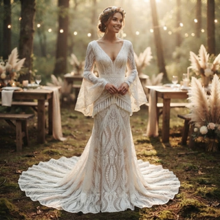 Boho Fringe Lace Wedding Dress