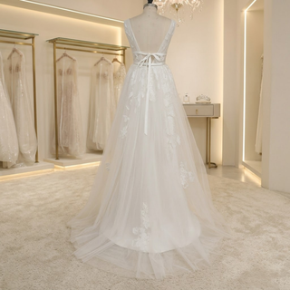 V-Neck Boho Embroidery Tulle Wedding Dress