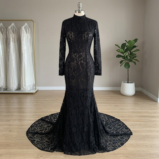 Black Lace Mermaid High Neck Wedding Dress