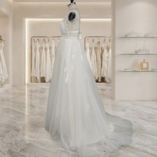 V-Neck Boho Embroidery Tulle Wedding Dress