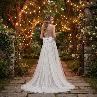 Flowers Plunging V-Neck Boho Wedding Dress