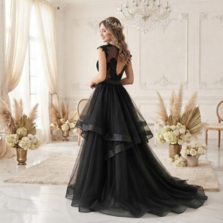 Black Tulle Tiered Ruffle Wedding Dress