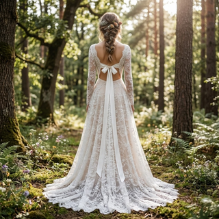 V-Neck Backless Bridal Gown with Ribbon