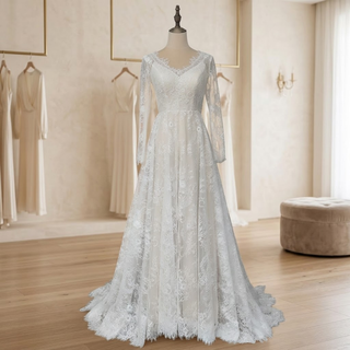 V-Neck Backless Bridal Gown with Ribbon