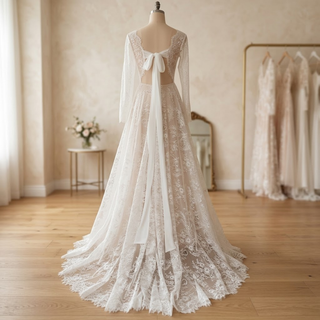 V-Neck Backless Bridal Gown with Ribbon