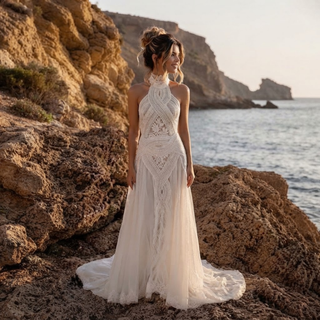 Halter Neck Macrame Lace Bohemian Wedding Dress