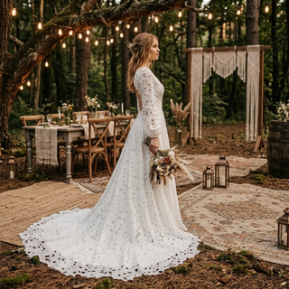 Puff Sleeves Boho Lace Wedding Dress