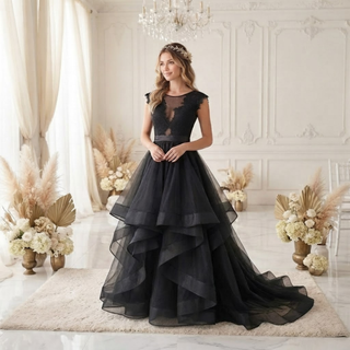 Black Tulle Tiered Ruffle Wedding Dress