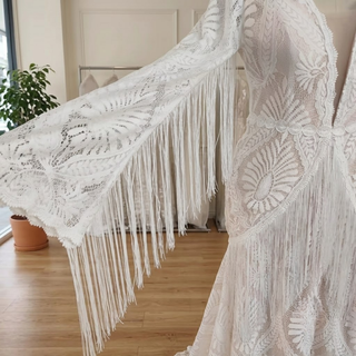 Backless Hippie Bohemian Bridal Gown with Tassel Details