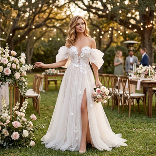 3D Flowers Polka Dots Bridal Gown