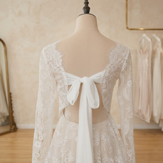 V-Neck Backless Bridal Gown with Ribbon