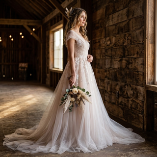 Ruched Tulle Illusion A-Line Wedding Dress