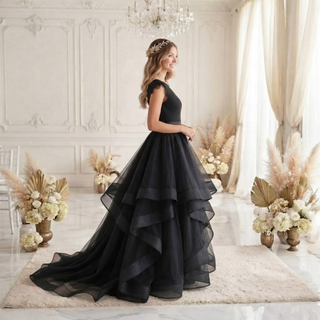 Black Tulle Tiered Ruffle Wedding Dress