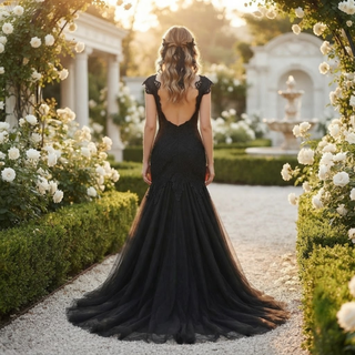 Black V-Neck Mermaid Floral Wedding Dress
