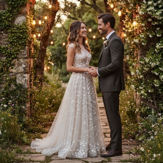 Flowers Plunging V-Neck Boho Wedding Dress