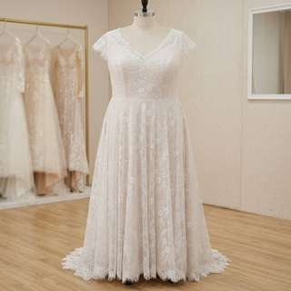 Cap Sleeves Backless Bridal Gown with Ribbon