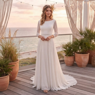 Three Quarter Chiffon Open Back Wedding Dress