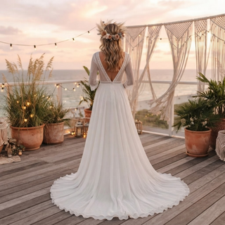 Three Quarter Chiffon Open Back Wedding Dress