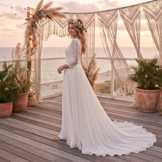 Three Quarter Chiffon Open Back Wedding Dress