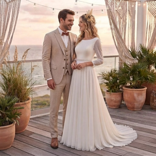 Three Quarter Chiffon Open Back Wedding Dress