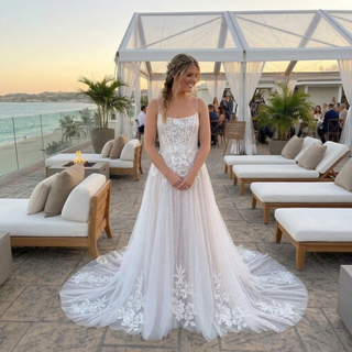 Square Neck Corset Floral Lace A-Line Wedding Dress
