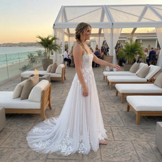 Square Neck Corset Floral Lace A-Line Wedding Dress