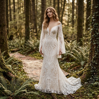 V-Neck Flare Sleeve Bridal Dress