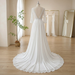 Three Quarter Chiffon Open Back Wedding Dress