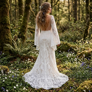V-Neck Flare Sleeve Bridal Dress