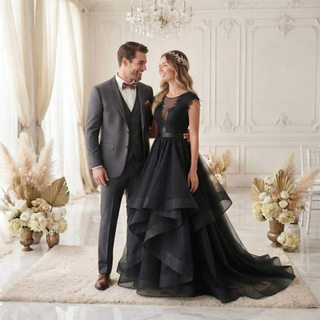 Black Tulle Tiered Ruffle Wedding Dress