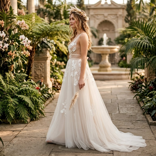 V-Neck Boho Embroidery Tulle Wedding Dress