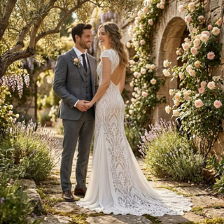 Dreamy Boho V-Neck Lace Wedding Dress