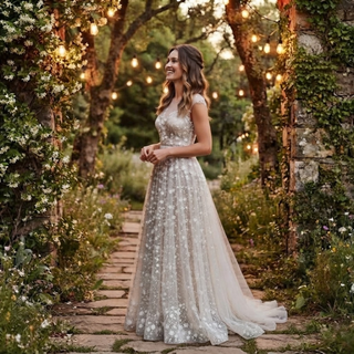 Flowers Plunging V-Neck Boho Wedding Dress