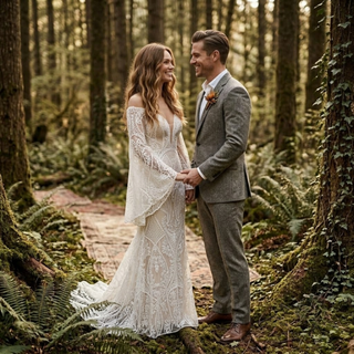V-Neck Flare Sleeve Bridal Dress