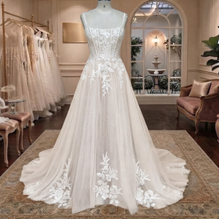 Square Neck Corset Floral Lace A-Line Wedding Dress