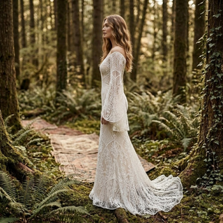 V-Neck Flare Sleeve Bridal Dress