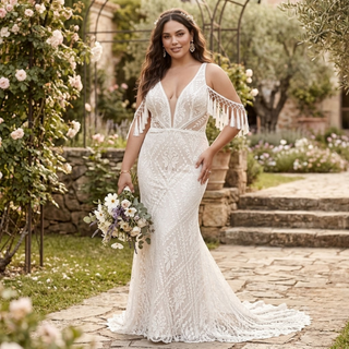 Boho Mermaid Wedding Dress with Tassel Lace
