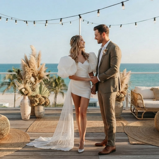 Puff Sleeves & Detachable Bow Sash Bridal Gown