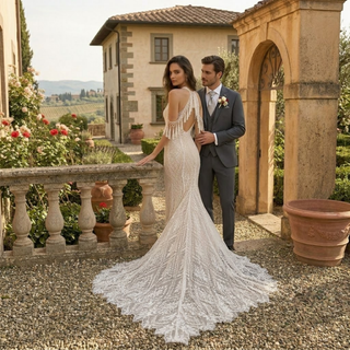 Boho Mermaid Wedding Dress with Tassel Lace