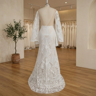 V-Neck Flare Sleeve Bridal Dress