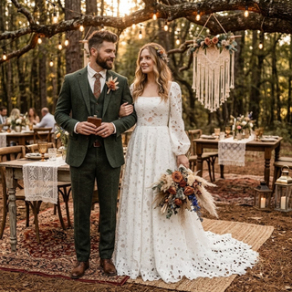 Puff Sleeves Boho Lace Wedding Dress