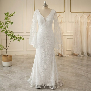 V-Neck Flare Sleeve Bridal Dress