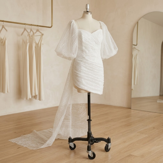 Puff Sleeves & Detachable Bow Sash Bridal Gown