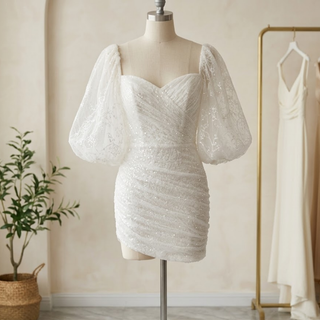 Puff Sleeves & Detachable Bow Sash Bridal Gown