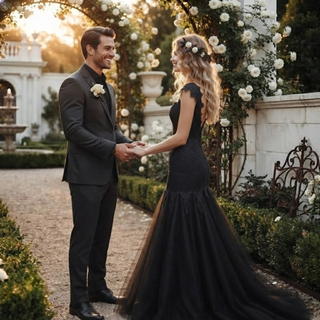 Black V-Neck Mermaid Floral Wedding Dress