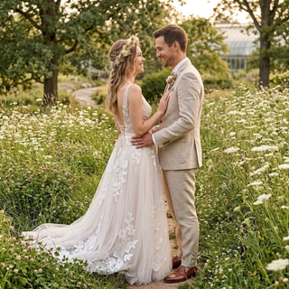 V-Neck Boho Embroidery Tulle Wedding Dress