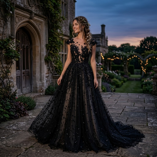 Elegant Whimsical Black Lace Wedding Dress