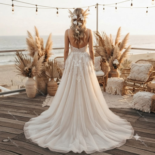 Lace Spaghetti Strap High Slit Bridal Gown