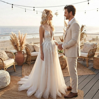 Lace Spaghetti Strap High Slit Bridal Gown