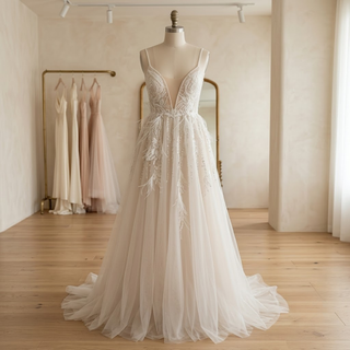 Lace Spaghetti Strap High Slit Bridal Gown